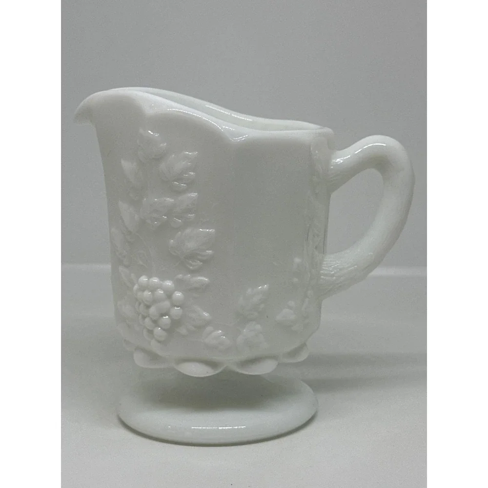 VTG Westmoreland Milk Glass Creamer White Paneled Grape Harvest Footed Pitcher
